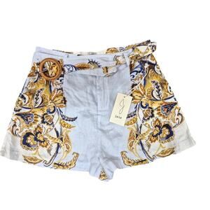 NWT Joie White Linen Shorts Italian Print high rise  removable belt Sz L